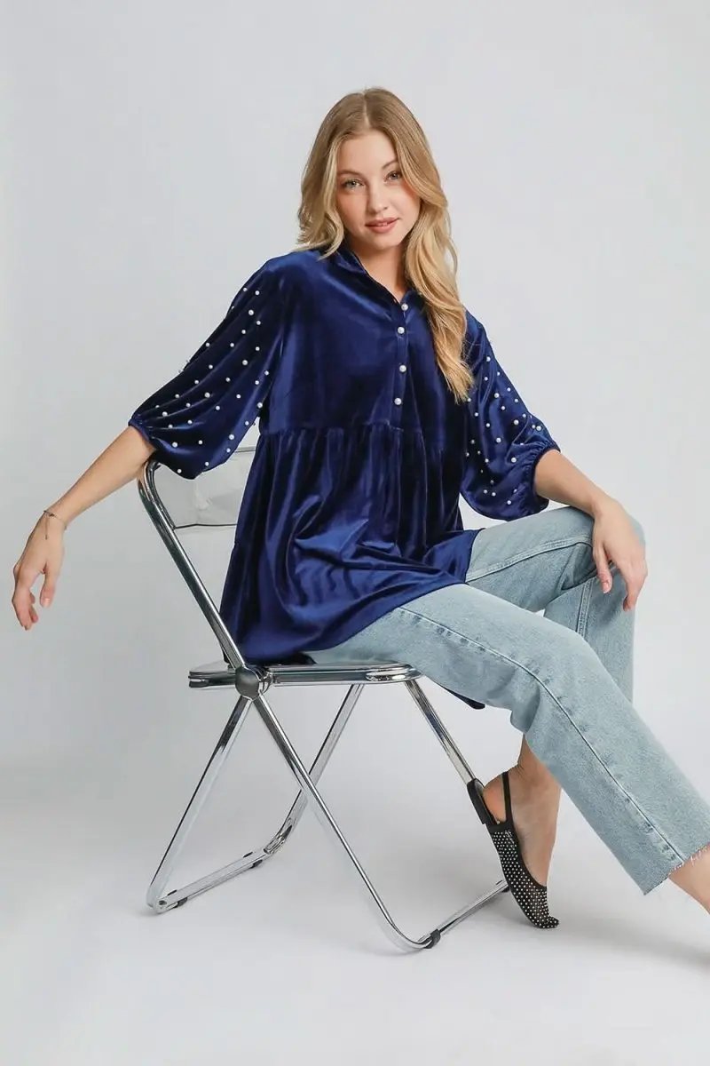 Velvet Babydoll Blouse with Pearl-Embellished Collar - Love Salve
